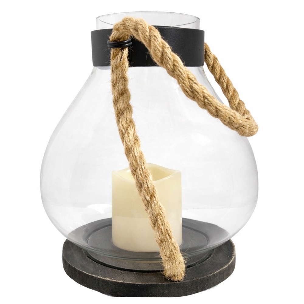 Vintage Style Glass Pedestal Lantern Rope Handle & LED Candle Indoor Outdoor - Picture 4 of 9